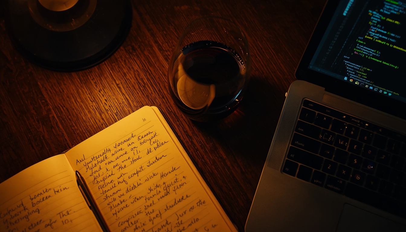 Cuaderno de notas, portátil y copa de vino sobre una mesa de trabajo