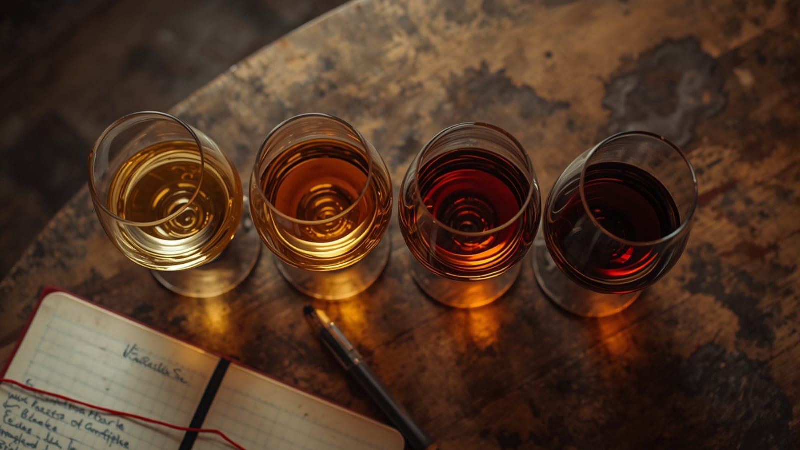 Varias copitas de catavinos con vinos de Jerez de diferentes colores sobre una mesa de madera